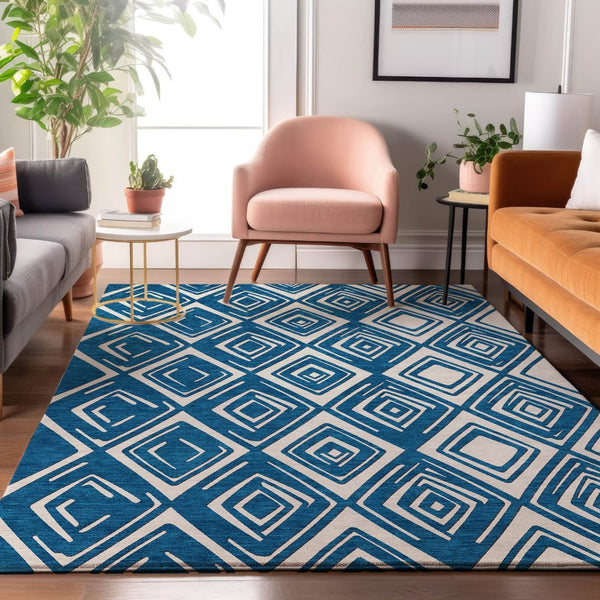 HomeRoots 5' X 8' Navy Blue and Ivory Geometric Area Rug - Soft, Durable, Stain-Resistant with UV Protection! 668417