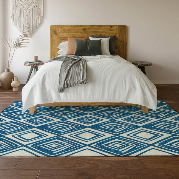 HomeRoots 5' X 8' Navy Blue and Ivory Geometric Area Rug - Soft, Durable, Stain-Resistant with UV Protection! 668417