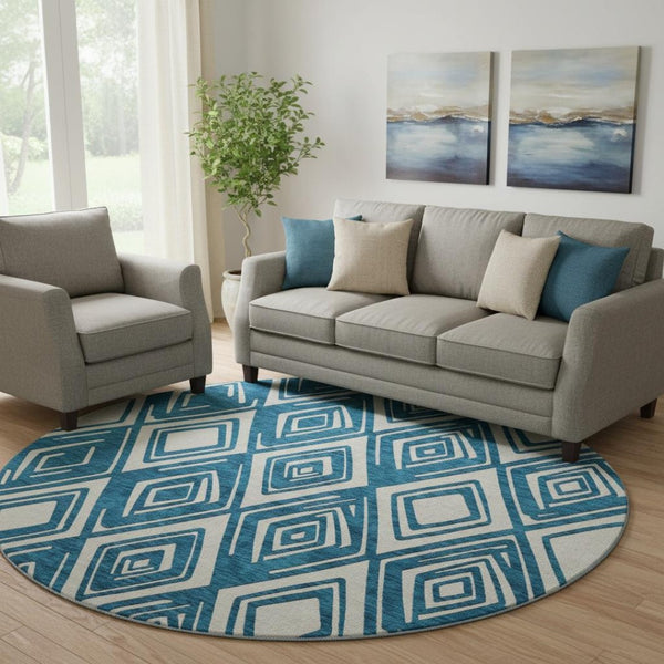 HomeRoots 8' Navy Blue and Ivory Geometric Round Rug - Washable, UV-Protected, Ideal for High-Traffic Areas 668418