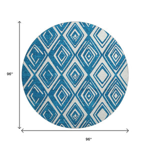 HomeRoots 8' Navy Blue and Ivory Geometric Round Rug - Washable, UV-Protected, Ideal for High-Traffic Areas 668418