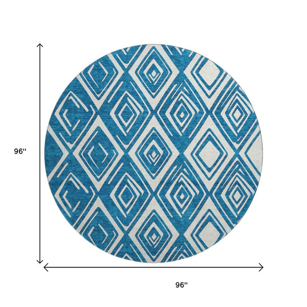 HomeRoots 8' Navy Blue and Ivory Geometric Round Rug - Washable, UV-Protected, Ideal for High-Traffic Areas 668418