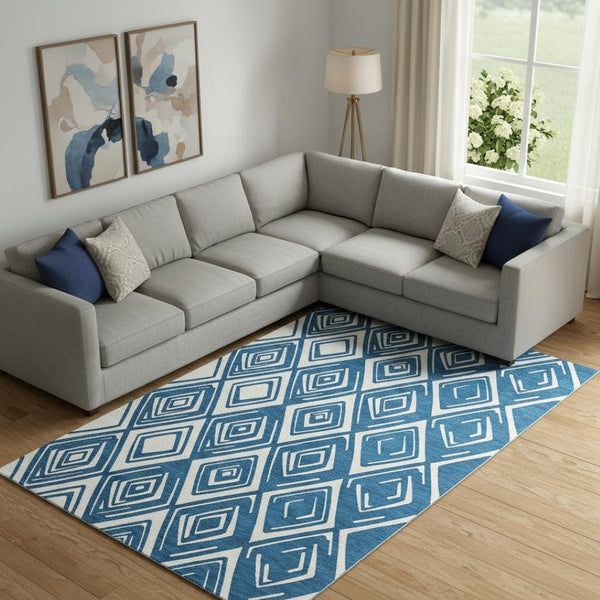 HomeRoots 8' X 10' Navy Blue Geometric Washable Area Rug with UV Protection - Stylish, Durable & Kid-Friendly! 668419