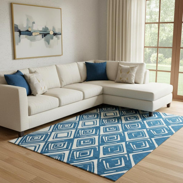 HomeRoots 9' X 12' Navy Blue Ivory Geometric Area Rug - Washable, UV-Protected, Durable & Stylish for Homes 668420