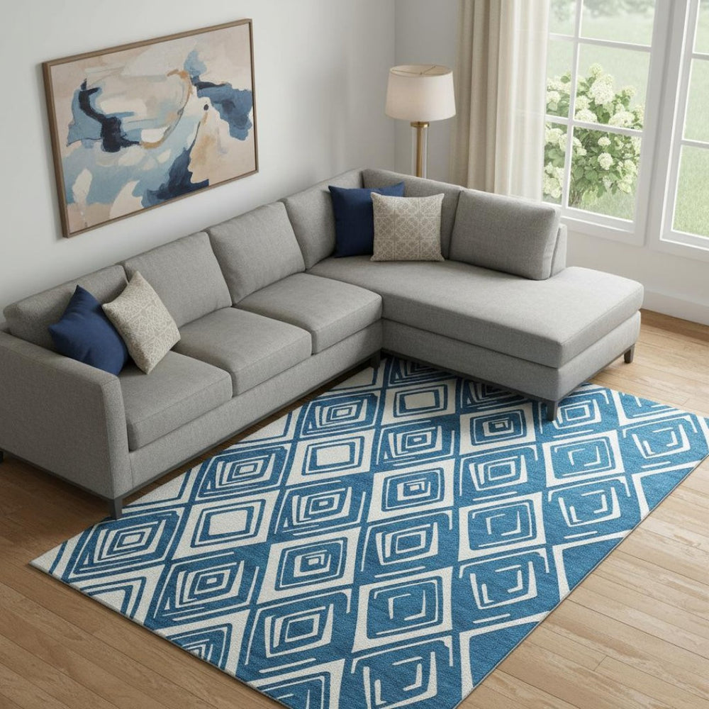 HomeRoots 10' X 14' Stylish Navy Blue & Ivory Geometric Washable Area Rug with UV Protection for Any Room 668421