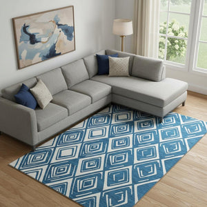 HomeRoots 10' X 14' Stylish Navy Blue & Ivory Geometric Washable Area Rug with UV Protection for Any Room 668421