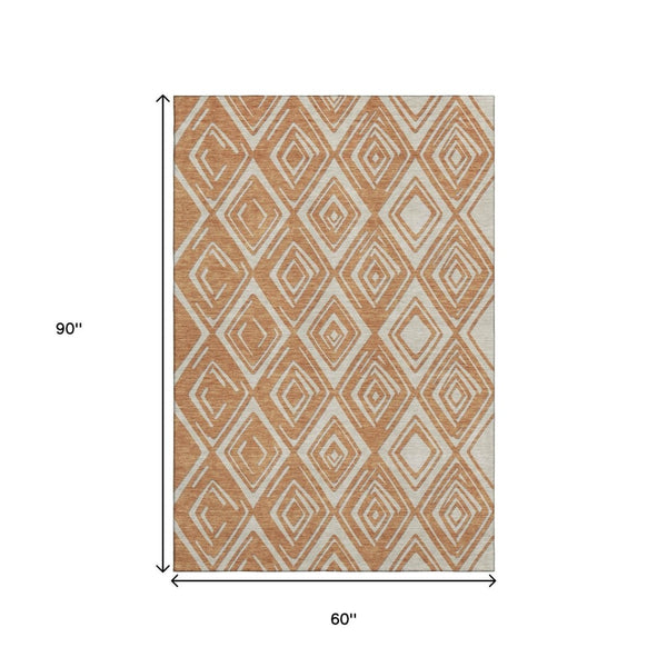 HomeRoots 5' X 8' Geometric Rust and Ivory Washable Area Rug with UV Protection - Stylish, Durable, and Easy Care! 668423