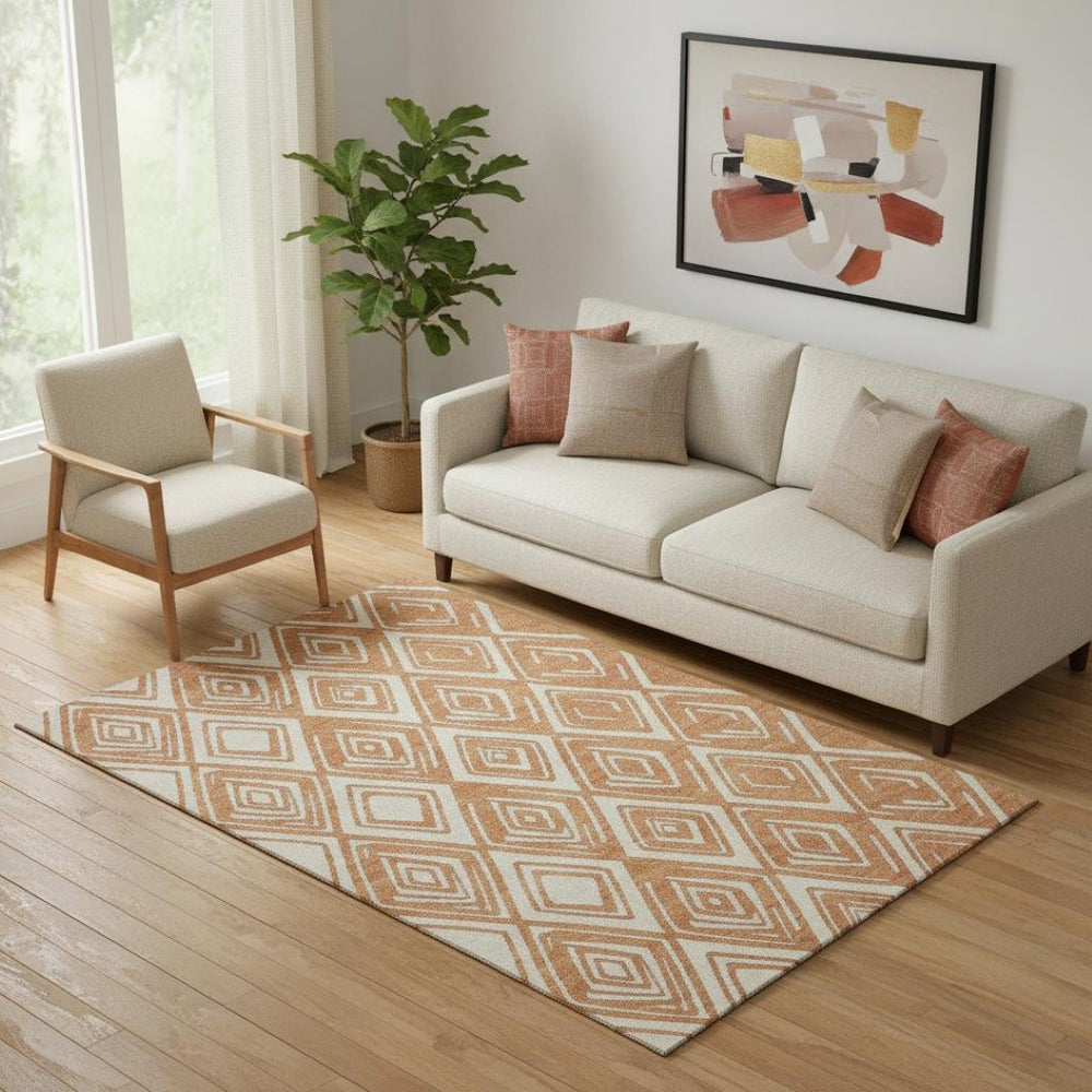 HomeRoots 5' X 8' Geometric Rust and Ivory Washable Area Rug with UV Protection - Stylish, Durable, and Easy Care! 668423