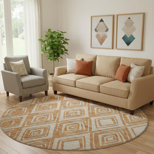 HomeRoots 8' Washable Round Rug in Rust and Ivory - Modern Geometric Design with UV Protection & Durability 668424