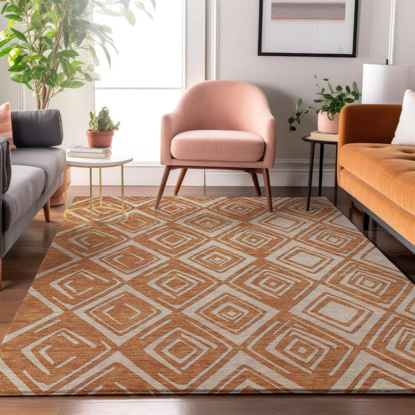 HomeRoots 8' X 10' Stylish Rust and Ivory Geometric Area Rug – Washable, UV-Protected, Perfect for Busy Homes! 668425