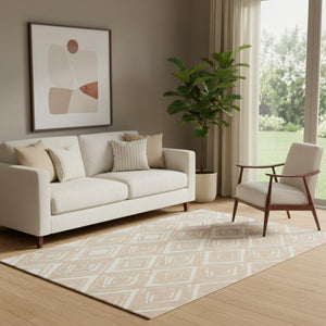 HomeRoots 5' X 8' Peach & Ivory Geometric Washable Area Rug | UV Protection & Durable Design for High Traffic Areas 668429