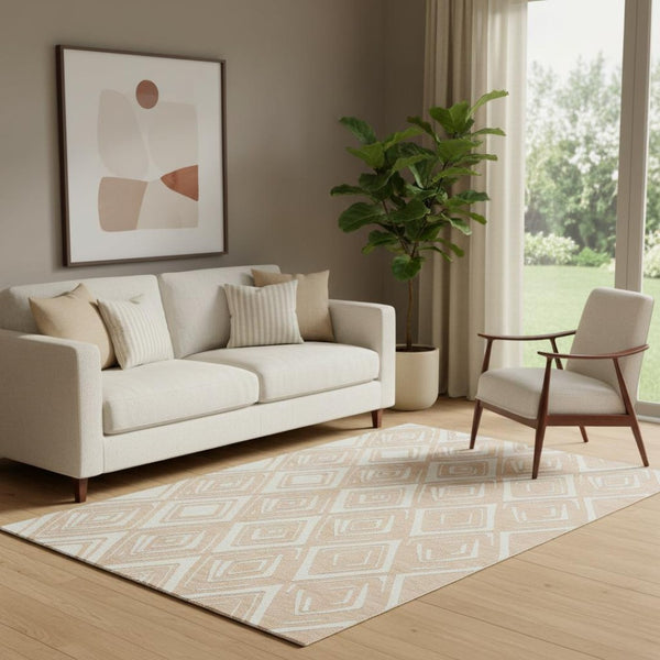 HomeRoots 5' X 8' Peach & Ivory Geometric Washable Area Rug | UV Protection & Durable Design for High Traffic Areas 668429