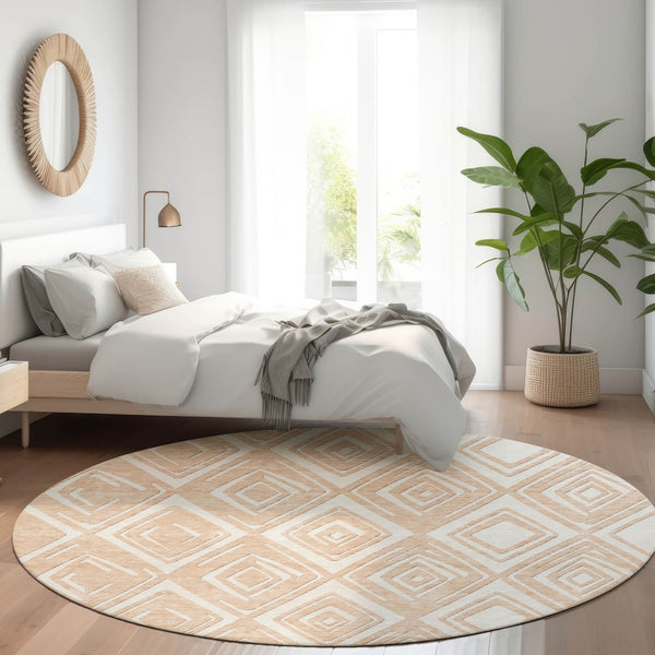 HomeRoots 8' Peach and Ivory Geometric Washable Round Rug - Durable, Stain-Resistant, UV Protected Design for Homes 668430