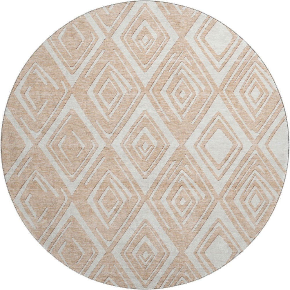HomeRoots 8' Peach and Ivory Geometric Washable Round Rug - Durable, Stain-Resistant, UV Protected Design for Homes 668430