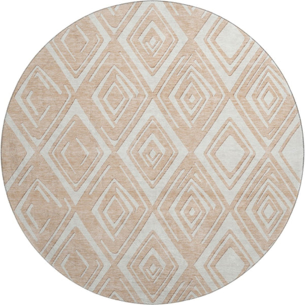 HomeRoots 8' Peach and Ivory Geometric Washable Round Rug - Durable, Stain-Resistant, UV Protected Design for Homes 668430