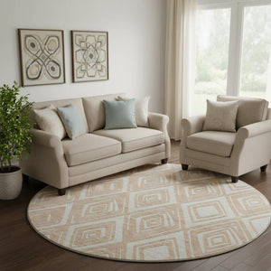 HomeRoots 8' Peach and Ivory Geometric Washable Round Rug - Durable, Stain-Resistant, UV Protected Design for Homes 668430