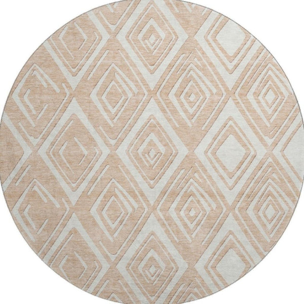 HomeRoots 8' Peach and Ivory Geometric Washable Round Rug - Durable, Stain-Resistant, UV Protected Design for Homes 668430