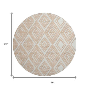 HomeRoots 8' Peach and Ivory Geometric Washable Round Rug - Durable, Stain-Resistant, UV Protected Design for Homes 668430
