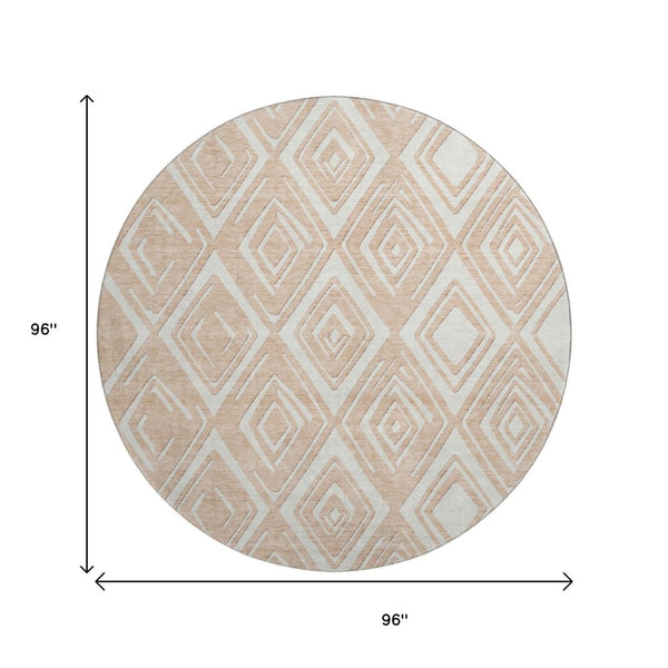 HomeRoots 8' Peach and Ivory Geometric Washable Round Rug - Durable, Stain-Resistant, UV Protected Design for Homes 668430