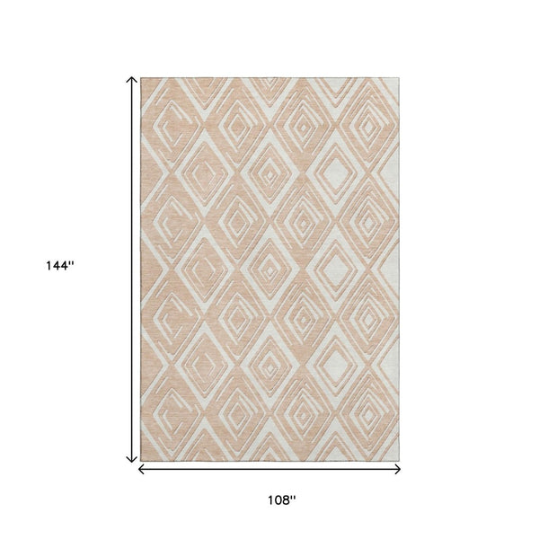 HomeRoots 9' X 12' Peach and Ivory Geometric Area Rug – Stylish, Washable, UV-Protected & Pet-Friendly Design 668432