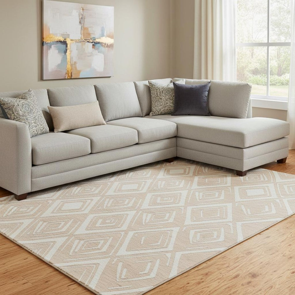 HomeRoots 9' X 12' Peach and Ivory Geometric Area Rug – Stylish, Washable, UV-Protected & Pet-Friendly Design 668432