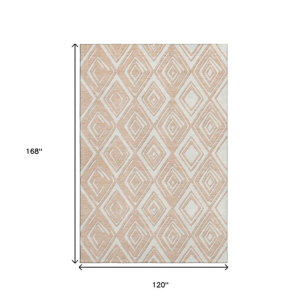 HomeRoots 10' x 14' Peach & Ivory Geometric Area Rug - Washable, UV-Protected, Stain-Resistant for Active Homes 668433