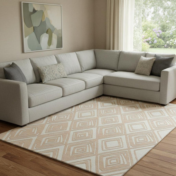 HomeRoots 10' x 14' Peach & Ivory Geometric Area Rug - Washable, UV-Protected, Stain-Resistant for Active Homes 668433