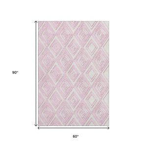 HomeRoots 5' X 8' Pink and Ivory Geometric Area Rug - Stain-Resistant, UV-Protected, Easy-Care for Homes 668435