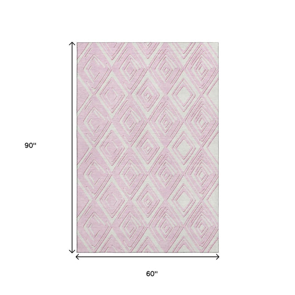 HomeRoots 5' X 8' Pink and Ivory Geometric Area Rug - Stain-Resistant, UV-Protected, Easy-Care for Homes 668435