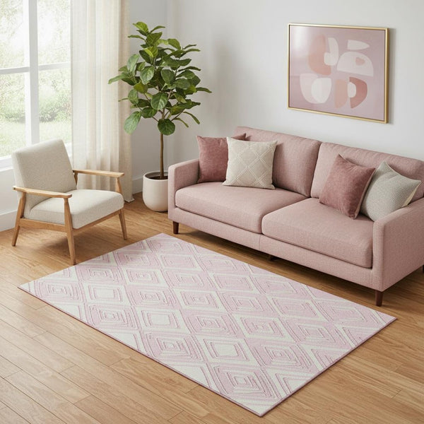 HomeRoots 5' X 8' Pink and Ivory Geometric Area Rug - Stain-Resistant, UV-Protected, Easy-Care for Homes 668435