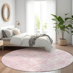 HomeRoots 8' Pink and Ivory Geometric Round Rug - Washable, UV Protected, Soft, and Stain Resistant for Style! 668436