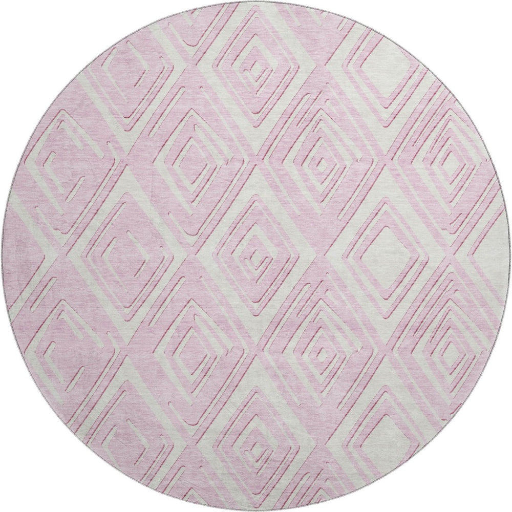 HomeRoots 8' Pink and Ivory Geometric Round Rug - Washable, UV Protected, Soft, and Stain Resistant for Style! 668436