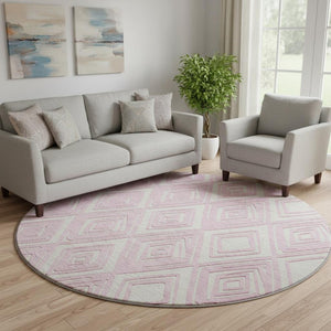 HomeRoots 8' Pink and Ivory Geometric Round Rug - Washable, UV Protected, Soft, and Stain Resistant for Style! 668436
