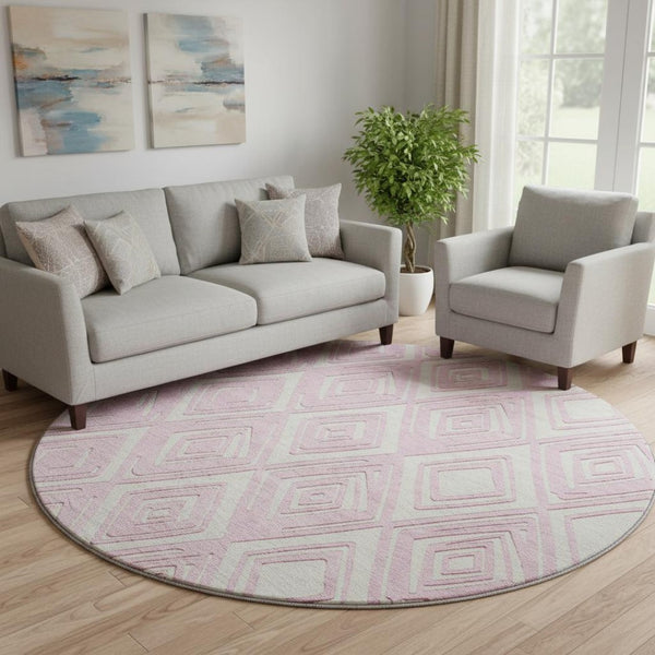 HomeRoots 8' Pink and Ivory Geometric Round Rug - Washable, UV Protected, Soft, and Stain Resistant for Style! 668436