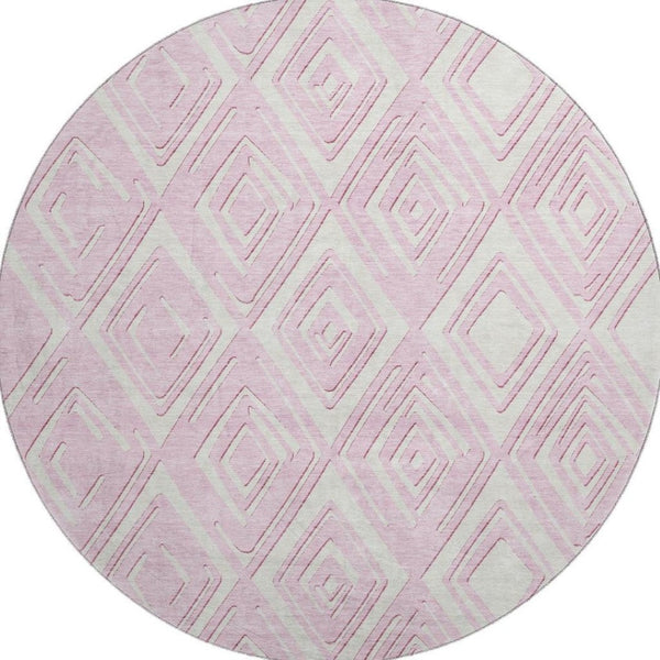 HomeRoots 8' Pink and Ivory Geometric Round Rug - Washable, UV Protected, Soft, and Stain Resistant for Style! 668436