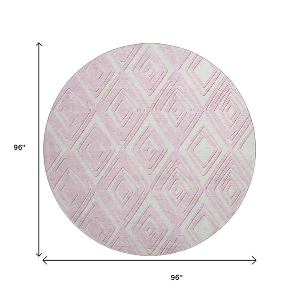 HomeRoots 8' Pink and Ivory Geometric Round Rug - Washable, UV Protected, Soft, and Stain Resistant for Style! 668436