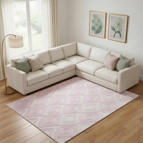 HomeRoots 8' X 10' Washable Pink & Ivory Geometric Area Rug - Durable, Stain Resistant & UV Protected Design 668437