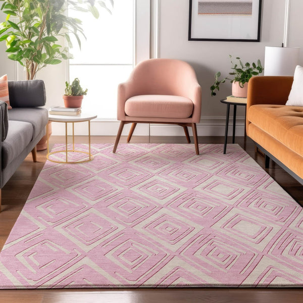 HomeRoots 8' X 10' Washable Pink & Ivory Geometric Area Rug - Durable, Stain Resistant & UV Protected Design 668437