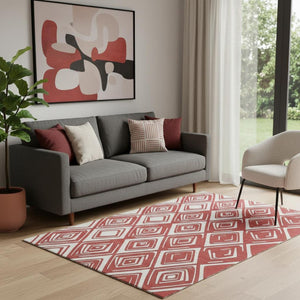 HomeRoots 5' X 8' Red And Ivory Geometric Washable Area Rug - Stylish, Durable, UV-Protected for Modern Homes 668441