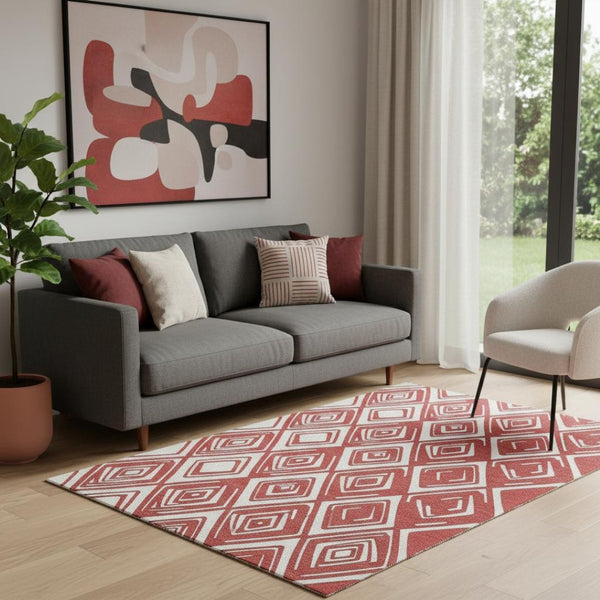 HomeRoots 5' X 8' Red And Ivory Geometric Washable Area Rug - Stylish, Durable, UV-Protected for Modern Homes 668441