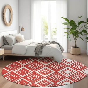 HomeRoots 8' Bold Red and Ivory Geometric Round Rug - Washable, UV Protected, Stain Resistant for Any Space 668442