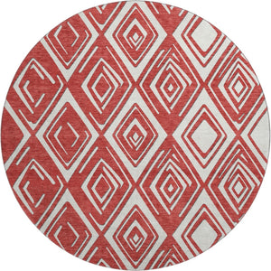 HomeRoots 8' Bold Red and Ivory Geometric Round Rug - Washable, UV Protected, Stain Resistant for Any Space 668442
