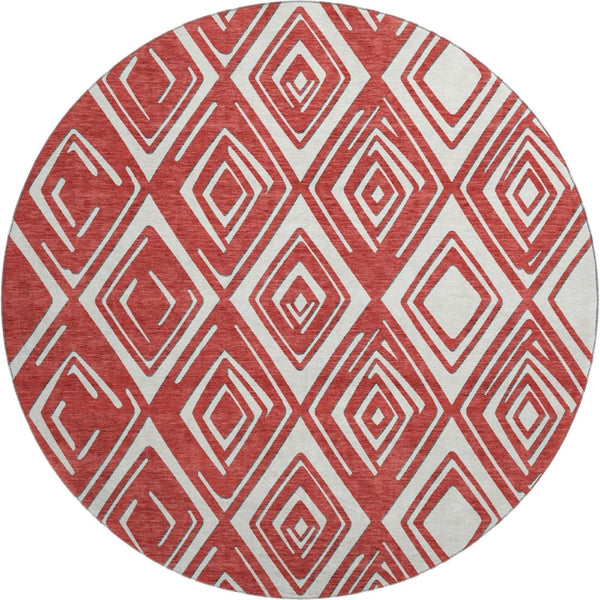HomeRoots 8' Bold Red and Ivory Geometric Round Rug - Washable, UV Protected, Stain Resistant for Any Space 668442