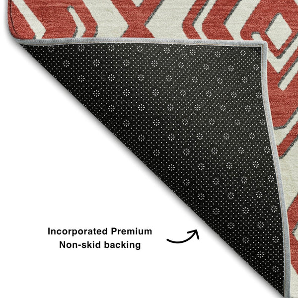HomeRoots 8' Bold Red and Ivory Geometric Round Rug - Washable, UV Protected, Stain Resistant for Any Space 668442