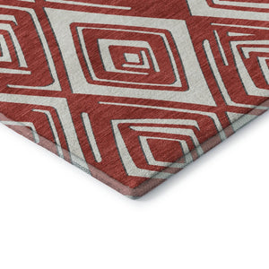 HomeRoots 8' Bold Red and Ivory Geometric Round Rug - Washable, UV Protected, Stain Resistant for Any Space 668442