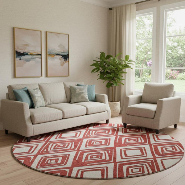 HomeRoots 8' Bold Red and Ivory Geometric Round Rug - Washable, UV Protected, Stain Resistant for Any Space 668442