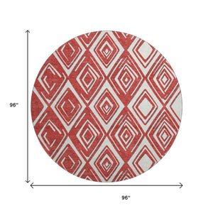HomeRoots 8' Bold Red and Ivory Geometric Round Rug - Washable, UV Protected, Stain Resistant for Any Space 668442
