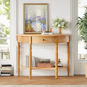 English Elm Trexm Farmhouse Half Moon Entryway Console with Drawer Open Shelf Pine Legs N715P383795D