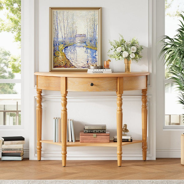 English Elm Trexm Farmhouse Half Moon Entryway Console with Drawer Open Shelf Pine Legs N715P383795D