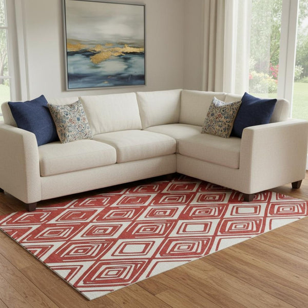 HomeRoots 8' X 10' Red And Ivory Geometric Area Rug – Washable, UV-Protected, Ideal for Homes with Kids & Pets 668443