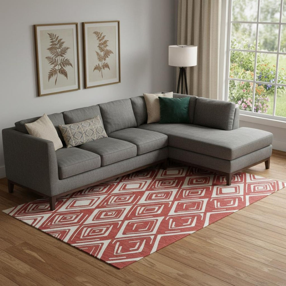 HomeRoots 9' X 12' Geometric Red and Ivory Area Rug - Washable, UV Protected, Durable for Homes with Kids & Pets 668444